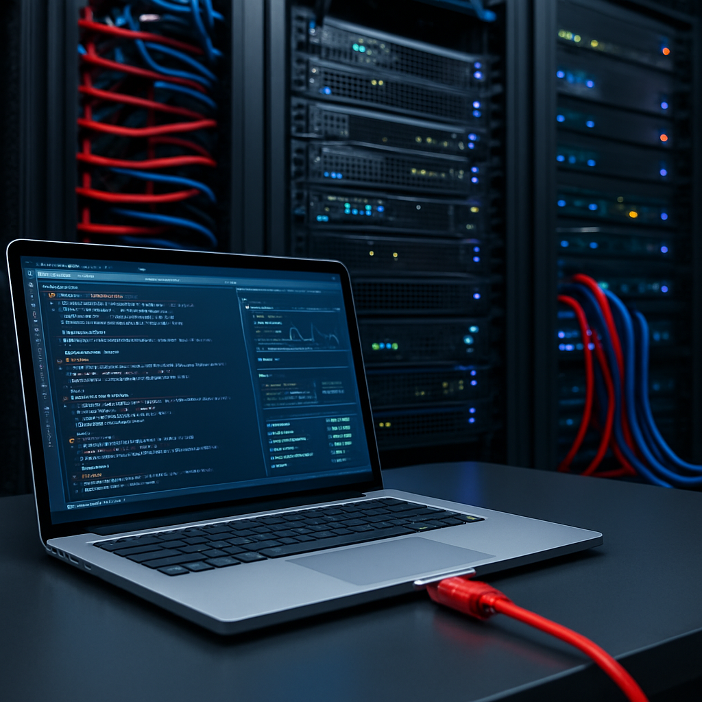 Infraestructura profesional de data center con servidores, notebook conectado con cable rojo de red